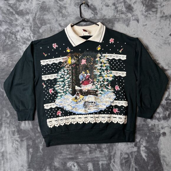Vintage Nutcracker Pullover Black Collard Sweater Size X-Large Christmas Tree - Picture 1 of 7